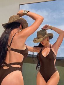 SHEIN Swim One-Piece Swimsuit, Deep V-Neck, Spaghetti Straps, Backless, Hollow-Out, Thong Bottom, Suitable For Beach & Summer - Coffee Brown - View 5