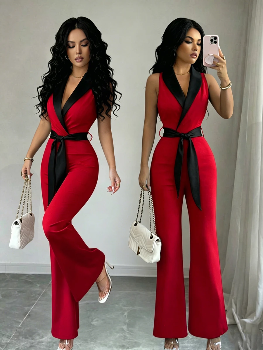 Elenzga Women's Contrast Color Minimalist Sleeveless Jumpsuit, Casual Daily Wear - Red - View 1