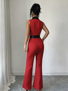 Elenzga Women's Contrast Color Minimalist Sleeveless Jumpsuit, Casual Daily Wear - Red - View 2