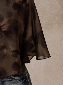 SHEIN CURVE+ Plus Size Casual Romantic Floral Print Mesh Brown Top For Women - Multicolor - View 3
