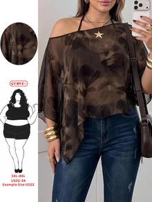 SHEIN CURVE+ Plus Size Casual Romantic Floral Print Mesh Brown Top For Women - Multicolor - View 2