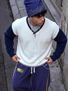 NEOSTRIT Men's Colorblock Drop Shoulder Long Sleeve V-Neck Casual Everyday Sweater - Blue and White - View 3