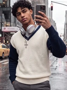 NEOSTRIT Men's Colorblock Drop Shoulder Long Sleeve V-Neck Casual Everyday Sweater - Blue and White - View 2