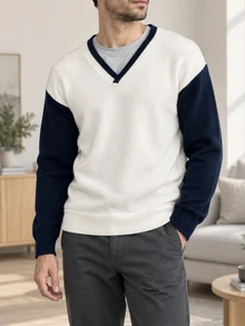 NEOSTRIT Men's Colorblock Drop Shoulder Long Sleeve V-Neck Casual Everyday Sweater - Blue and White - View 5