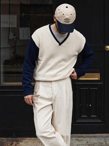 NEOSTRIT Men's Colorblock Drop Shoulder Long Sleeve V-Neck Casual Everyday Sweater - Blue and White - View 1