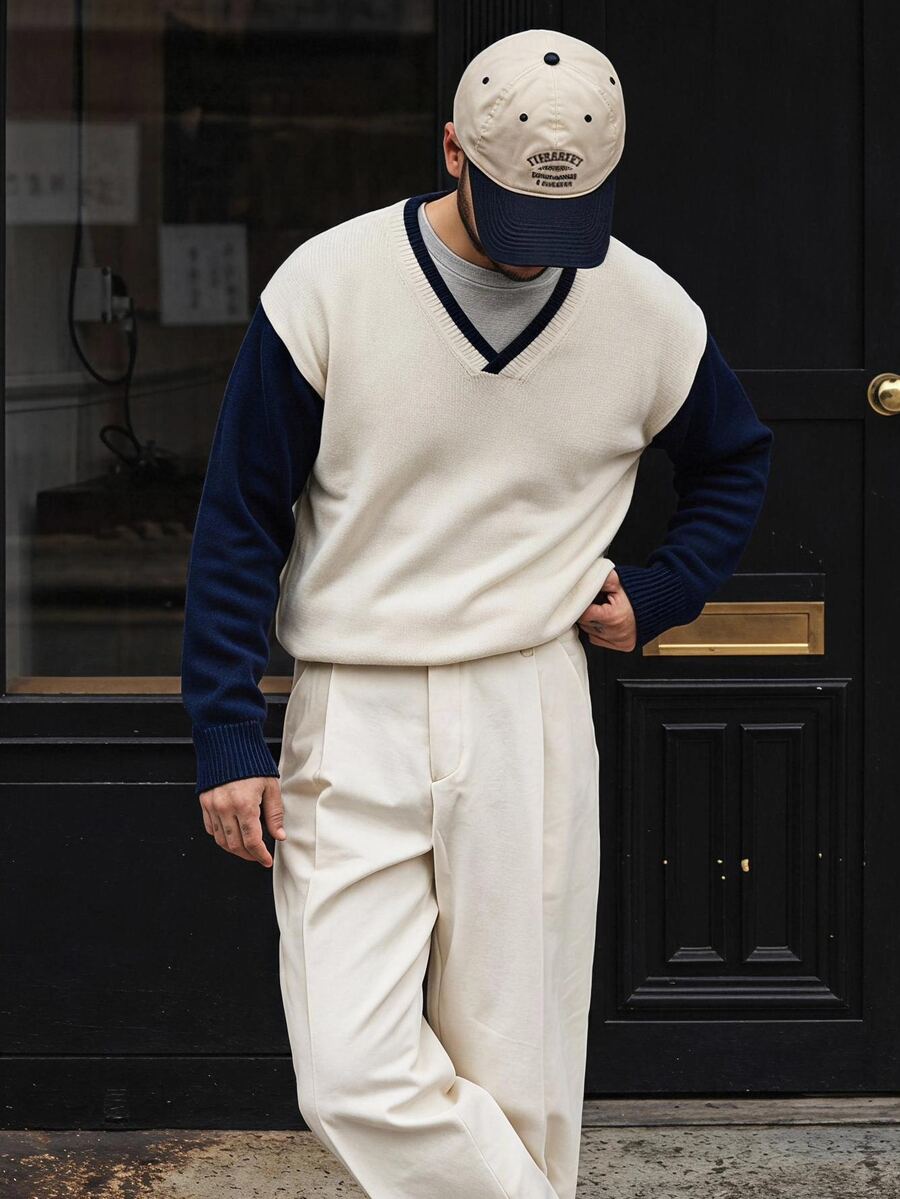 NEOSTRIT Men's Colorblock Drop Shoulder Long Sleeve V-Neck Casual Everyday Sweater - Blue and White - View 1