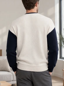 NEOSTRIT Men's Colorblock Drop Shoulder Long Sleeve V-Neck Casual Everyday Sweater - Blue and White - View 7