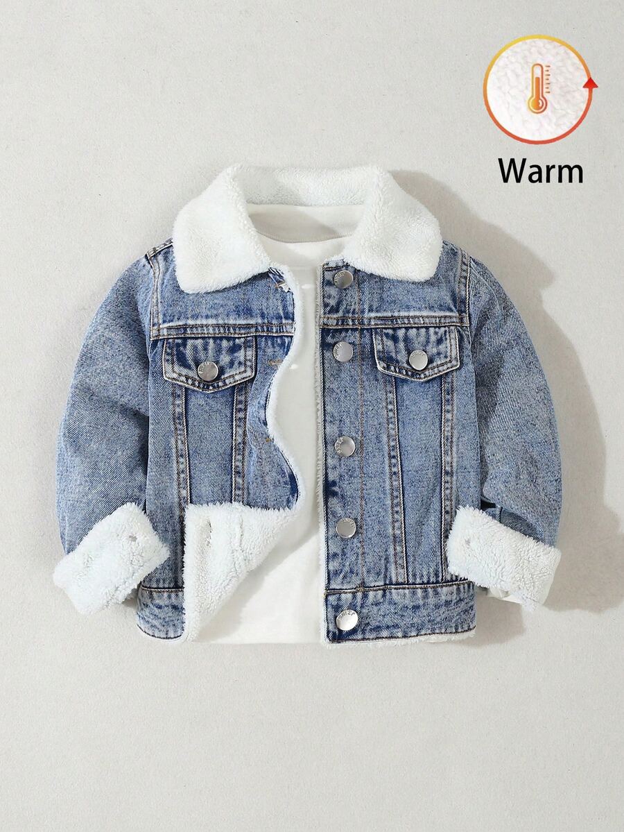 SHEIN Young Boy Comfortable Casual Thermal Lined Denim Jacket, Fall/Winter - Medium Wash - View 1