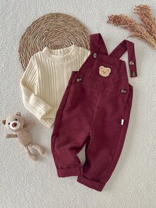 SHEIN 2件組 純色套頭長袖上衣與紅色燈芯絨3D兔子裝飾無袖吊帶連身褲套裝，適合0-3歲女嬰 - 彩色 - 查看 6
