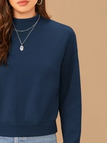 SHEIN Essnce 秋冬款立领落肩纯色卫衣、长袖上衣 - 水鴨藍 - 查看 4