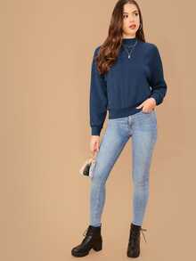 SHEIN Essnce 秋冬款立领落肩纯色卫衣、长袖上衣 - 水鴨藍 - 查看 5