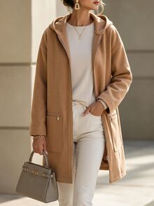 SHEIN LUNE Casual Commute Elegant Daily Wear Loose Fit Long Thigh Length Hooded Jacket With Pockets Camel Color Spring Autumn Winter Long Sleeve Zipper Pockets - Camel - View 5