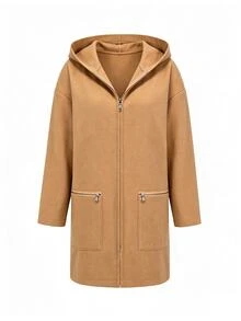 SHEIN LUNE Casual Commute Elegant Daily Wear Loose Fit Long Thigh Length Hooded Jacket With Pockets Camel Color Spring Autumn Winter Long Sleeve Zipper Pockets - Camel - View 7