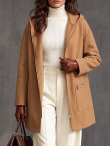 SHEIN LUNE Casual Commute Elegant Daily Wear Loose Fit Long Thigh Length Hooded Jacket With Pockets Camel Color Spring Autumn Winter Long Sleeve Zipper Pockets - Camel - View 2