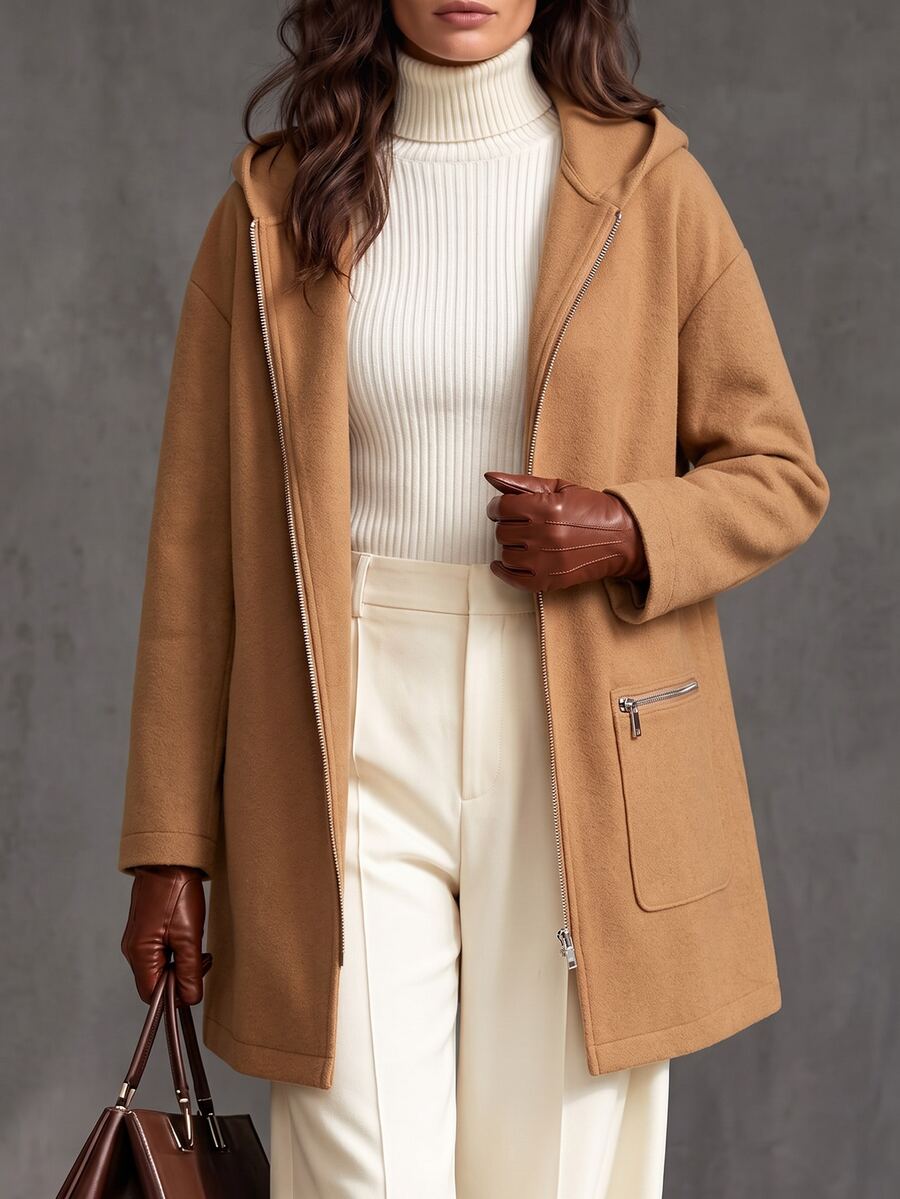 SHEIN LUNE Casual Commute Elegant Daily Wear Loose Fit Long Thigh Length Hooded Jacket With Pockets Camel Color Spring Autumn Winter Long Sleeve Zipper Pockets