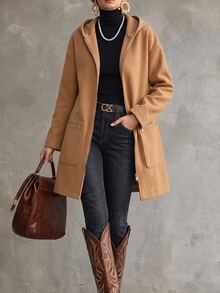 SHEIN LUNE Casual Commute Elegant Daily Wear Loose Fit Long Thigh Length Hooded Jacket With Pockets Camel Color Spring Autumn Winter Long Sleeve Zipper Pockets - Camel - View 4