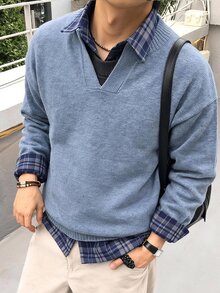 NEOSTRIT Men's Solid Color Casual Versatile Daily Wear Long Sleeve Sweater - Blue - View 4