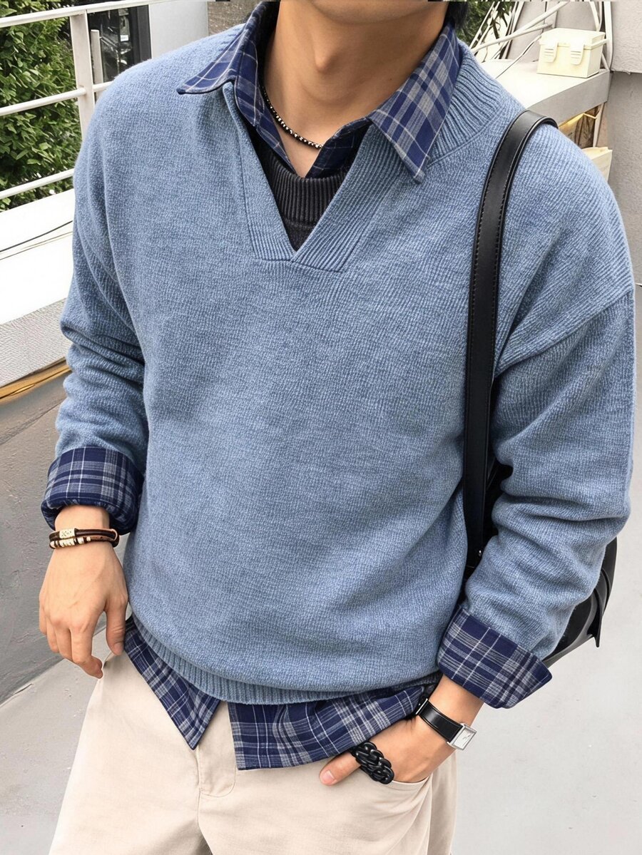 NEOSTRIT Men's Solid Color Casual Versatile Daily Wear Long Sleeve Sweater - Blue - View 1