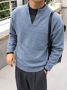 NEOSTRIT Men's Solid Color Casual Versatile Daily Wear Long Sleeve Sweater - Blue - View 3