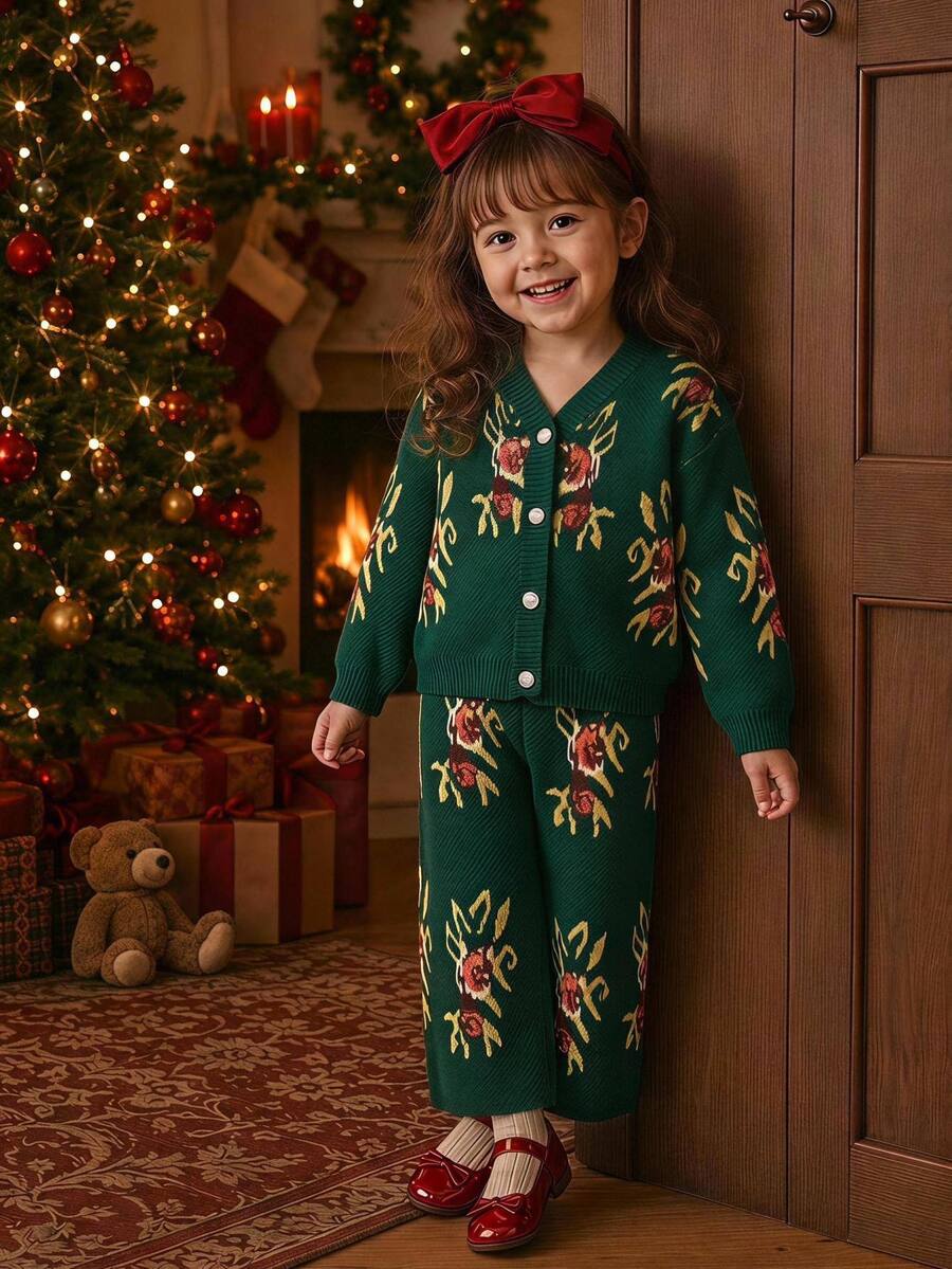 Elladie kids Girls' Fashionable Retro Comfortable Knitted Sweater Set - Dark Green - View 1