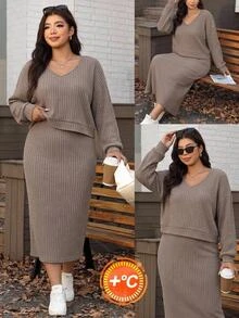 SHEIN LUNE Plus Size Autumn Casual Baggy Top Dress 2 Pieces Set Formal Vacation Home Wear Brunch Homewear Brown Fall - Khaki - View 12