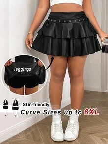 SHEIN CURVE+ تنورة قصيرة نسائية مقاس كبير بلون موحد موضة متعددة الاستخدامات للخريف - الأسود - مشاهدة 3