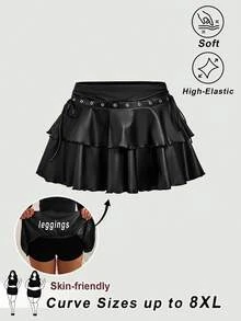 SHEIN CURVE+ تنورة قصيرة نسائية مقاس كبير بلون موحد موضة متعددة الاستخدامات للخريف - الأسود - مشاهدة 1