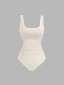 Sweetra 3pcs Women's Solid Color Pleated Casual Minimalist Basic Bodysuit, Versatile For Daily Wear Everyday Daytime Off-White Brown Black Summer - Multicolor - View 7