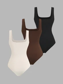 Sweetra 3pcs Women's Solid Color Pleated Casual Minimalist Basic Bodysuit, Versatile For Daily Wear Everyday Daytime Off-White Brown Black Summer - Multicolor - View 4