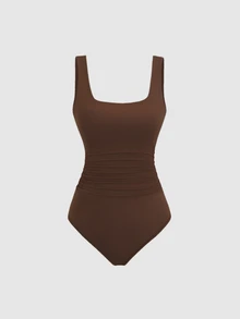 Sweetra 3pcs Women's Solid Color Pleated Casual Minimalist Basic Bodysuit, Versatile For Daily Wear Everyday Daytime Off-White Brown Black Summer - Multicolor - View 8