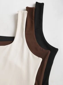 Sweetra 3pcs Women's Solid Color Pleated Casual Minimalist Basic Bodysuit, Versatile For Daily Wear Everyday Daytime Off-White Brown Black Summer - Multicolor - View 6