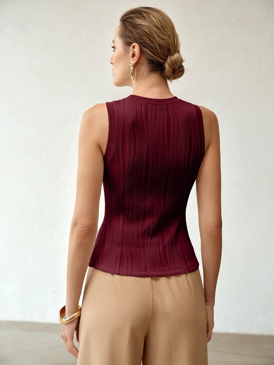 MOTF PREMIUM WOMEN'S SOLID COLOR ROUND NECK WAVY DESIGN FITTED TANK TOP CAMISOLE SIMPLE SLEEVELESS T-SHIRT - Burgundy - View 2