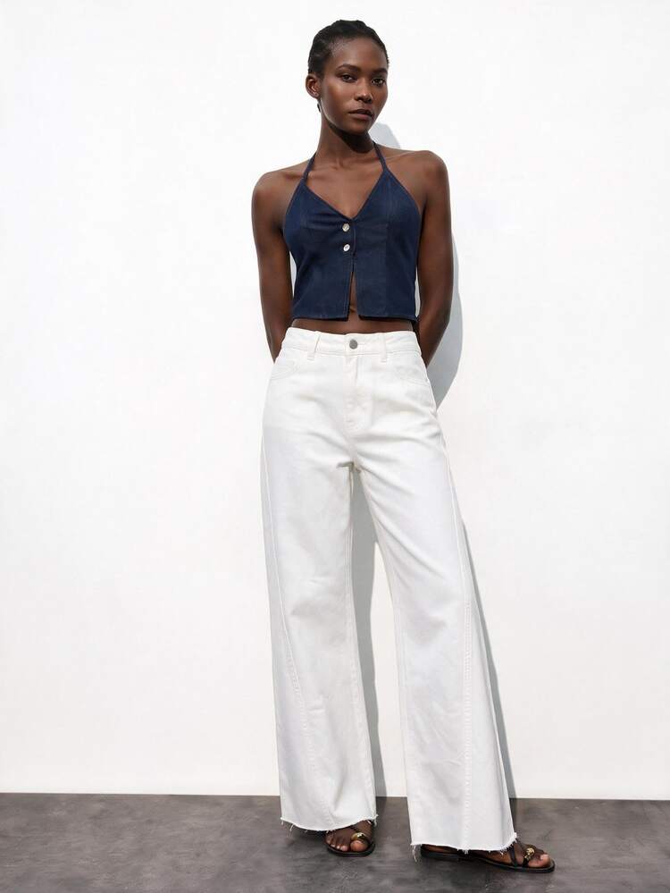 Maija Women's Casual Versatile Solid Color Wide Leg Jeans - White - View 5