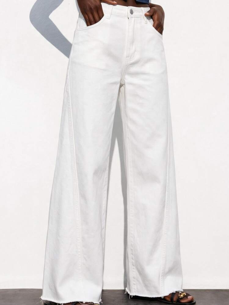 Maija Women's Casual Versatile Solid Color Wide Leg Jeans - White - View 1
