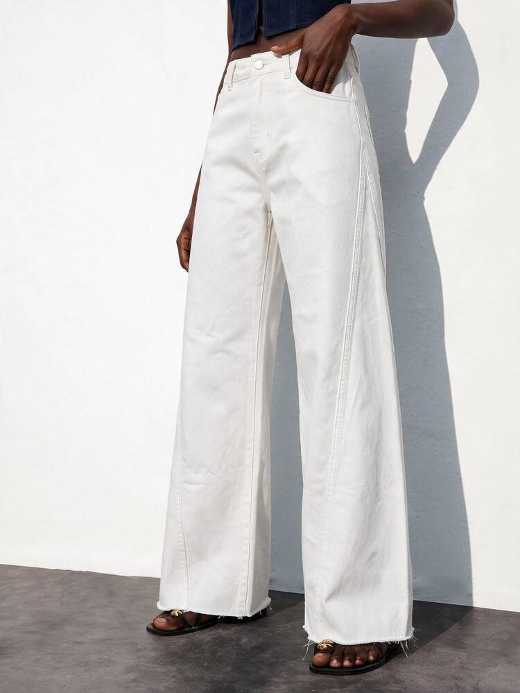 Maija Women's Casual Versatile Solid Color Wide Leg Jeans - White - View 6