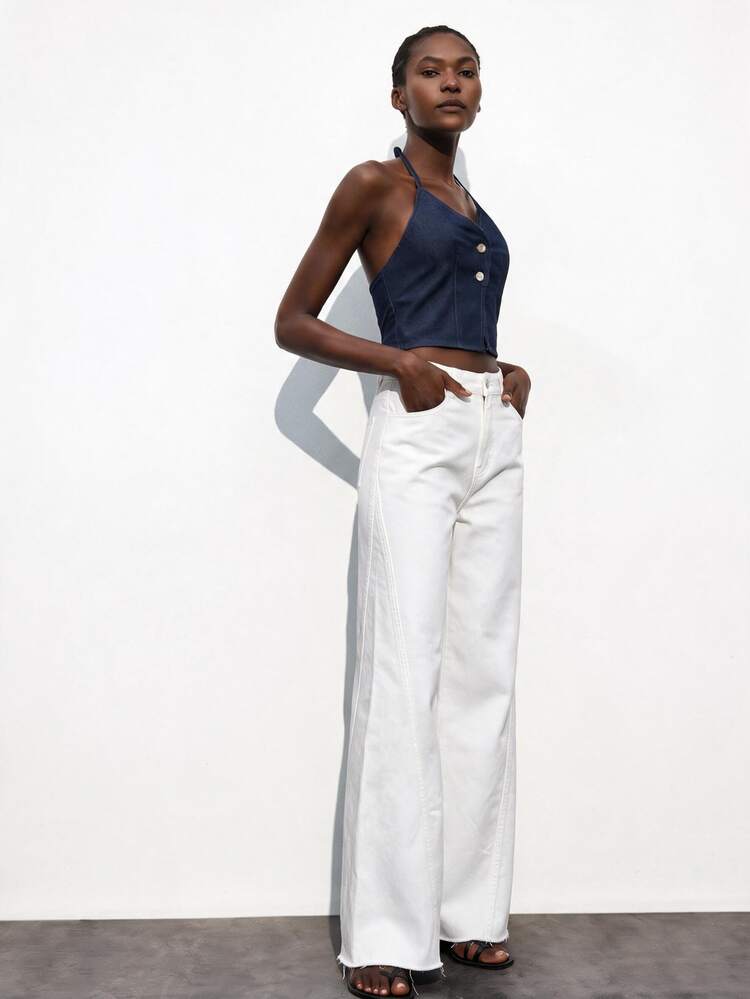 Maija Women's Casual Versatile Solid Color Wide Leg Jeans - White - View 3
