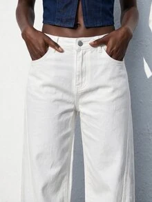 Maija Women's Casual Versatile Solid Color Wide Leg Jeans - White - View 8