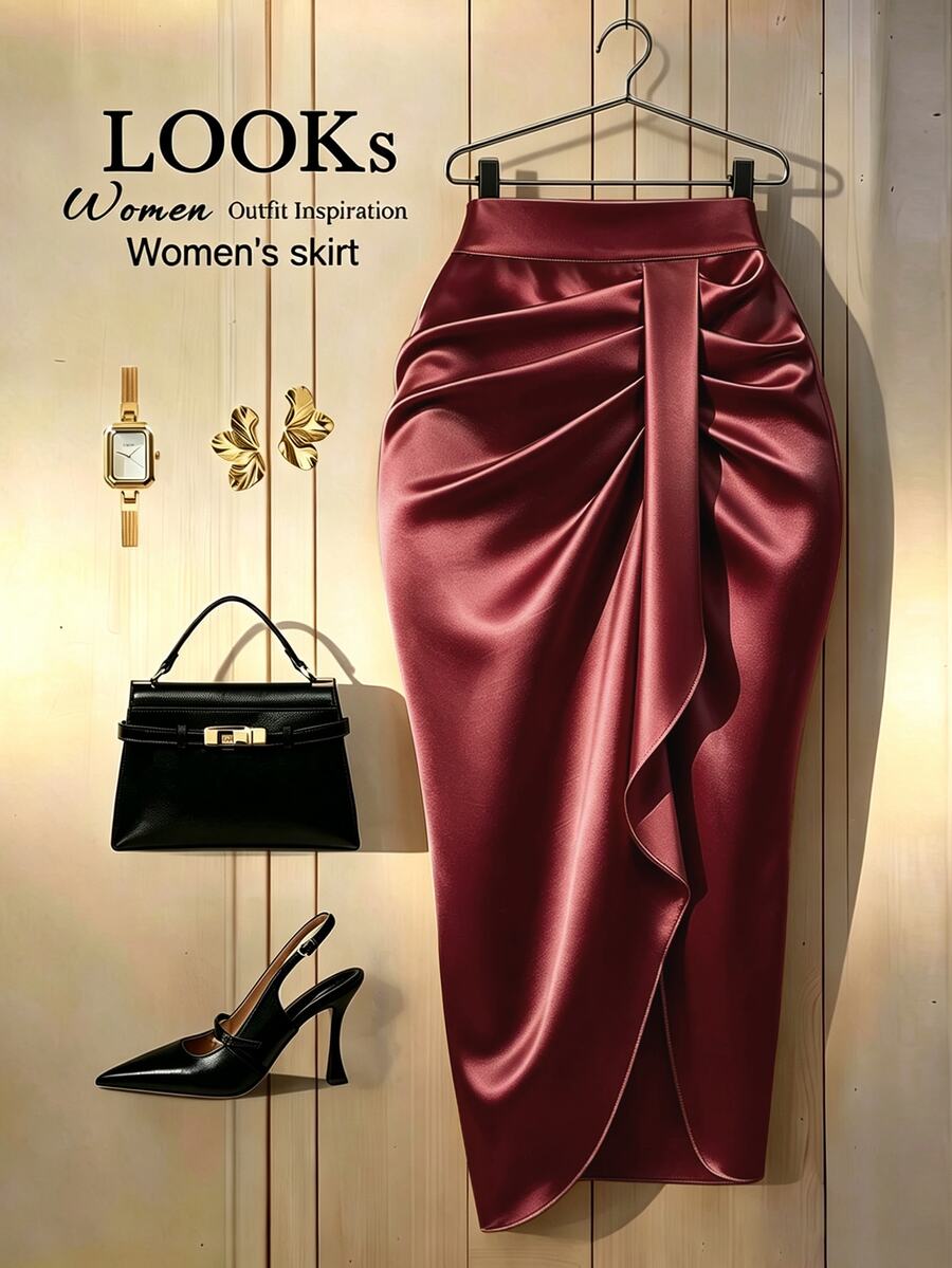 GlowEve CURVE Plus Size Women's Solid Color Pleated Patchwork Ruffle Elegant Skirt Fall - Merry Berry - View 1