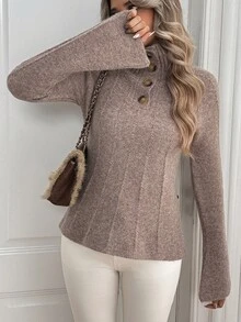 LanaWest Áo len dệt kim nữ phong cách vintage tối giản cài nửa hàng cúc cho mùa thu/đông - Màu Khaki - Xem 8
