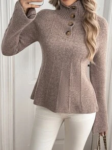 LanaWest Áo len dệt kim nữ phong cách vintage tối giản cài nửa hàng cúc cho mùa thu/đông - Màu Khaki - Xem 6