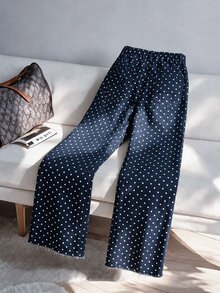 Elenzga Plus Size Navy Blue Polka Dot Drape Wide Leg Long Pants With Front Zipper Fly, Back Machine-Stitched Double Pockets, High Waist Loose Floor-Length Casual Commuter Streetwear Versatile Trousers - Blue - View 3