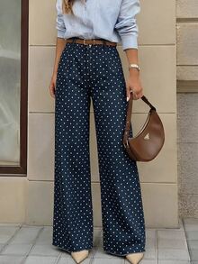 Elenzga Plus Size Navy Blue Polka Dot Drape Wide Leg Long Pants With Front Zipper Fly, Back Machine-Stitched Double Pockets, High Waist Loose Floor-Length Casual Commuter Streetwear Versatile Trousers - Blue - View 1