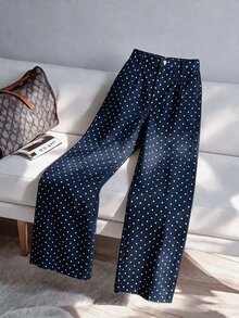 Elenzga Plus Size Navy Blue Polka Dot Drape Wide Leg Long Pants With Front Zipper Fly, Back Machine-Stitched Double Pockets, High Waist Loose Floor-Length Casual Commuter Streetwear Versatile Trousers - Blue - View 2