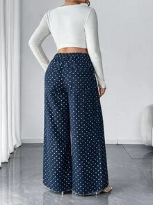 Elenzga Plus Size Navy Blue Polka Dot Drape Wide Leg Long Pants With Front Zipper Fly, Back Machine-Stitched Double Pockets, High Waist Loose Floor-Length Casual Commuter Streetwear Versatile Trousers - Blue - View 5