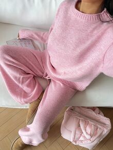 Autumina 2pcs Women Casual Loose Fit Drop Shoulder Long Sleeve Sweater And Knit Pants Set, Autumn Lounge Soft Pink - Pink - View 3