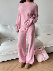 Autumina 2pcs Women Casual Loose Fit Drop Shoulder Long Sleeve Sweater And Knit Pants Set, Autumn Lounge Soft Pink - Pink - View 5