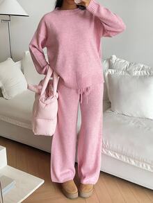 Autumina 2pcs Women Casual Loose Fit Drop Shoulder Long Sleeve Sweater And Knit Pants Set, Autumn Lounge Soft Pink - Pink - View 4