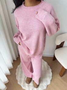 Autumina 2pcs Women Casual Loose Fit Drop Shoulder Long Sleeve Sweater And Knit Pants Set, Autumn Lounge Soft Pink - Pink - View 8