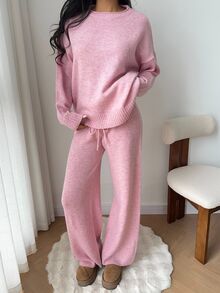 Autumina 2pcs Women Casual Loose Fit Drop Shoulder Long Sleeve Sweater And Knit Pants Set, Autumn Lounge Soft Pink - Pink - View 6
