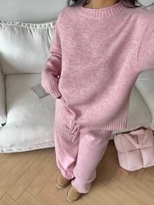 Autumina 2pcs Women Casual Loose Fit Drop Shoulder Long Sleeve Sweater And Knit Pants Set, Autumn Lounge Soft Pink - Pink - View 7